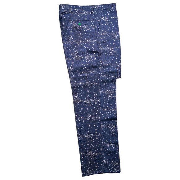 Mens 34 Chino Pants Navy Blue Star Print Straight Fit Flat Front Dress Trousers - Picture 2 of 10